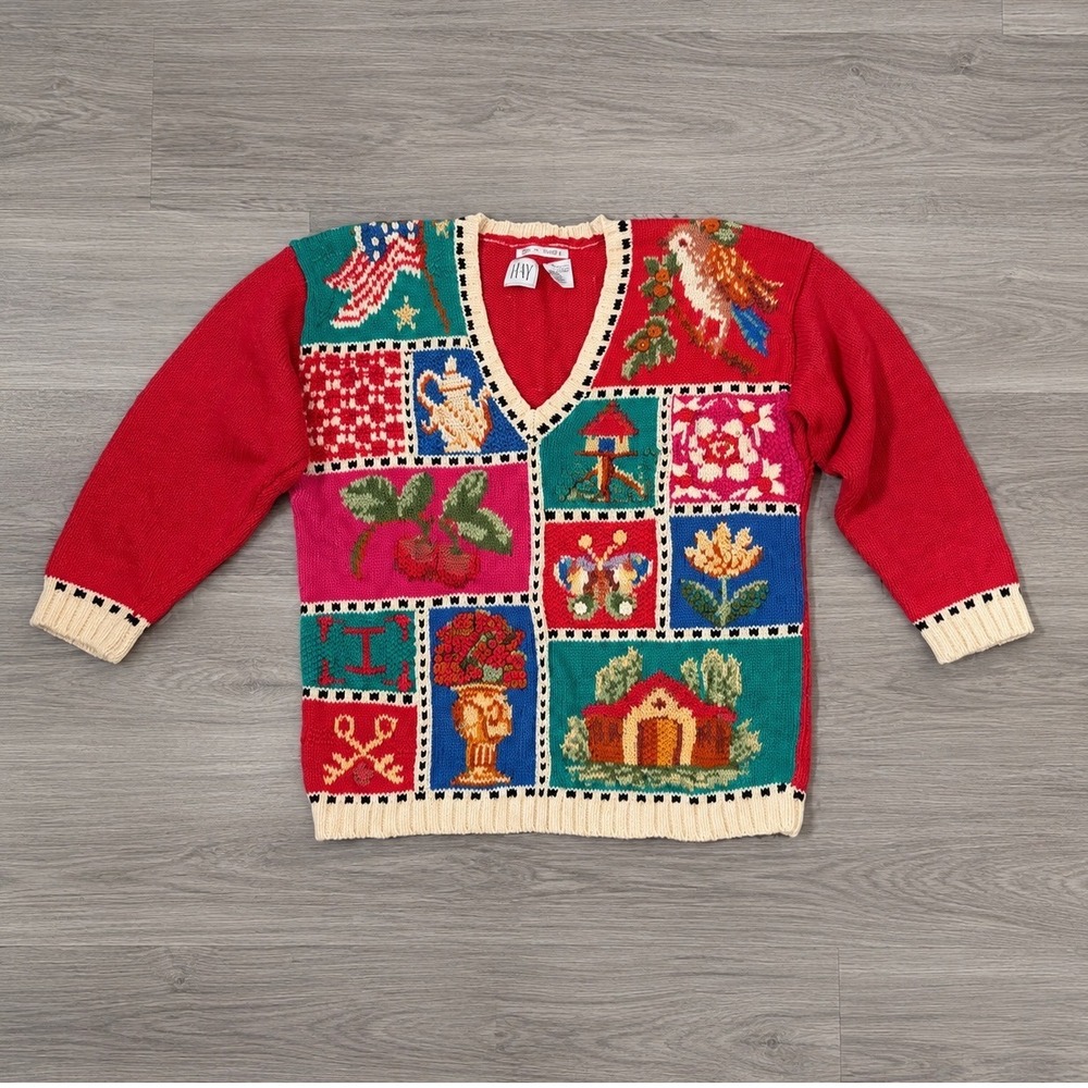 IVY Hand Knit Patchwork Sweater Womens Size L Red Kitschy Cottagecore Bird VTG